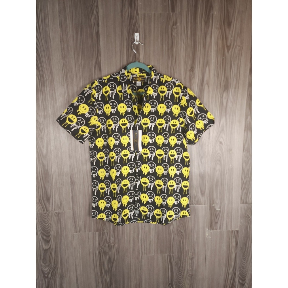 New Phat Farm Smiley Face Short Sleeve Emoji Black & Yellow Mens LARGE
